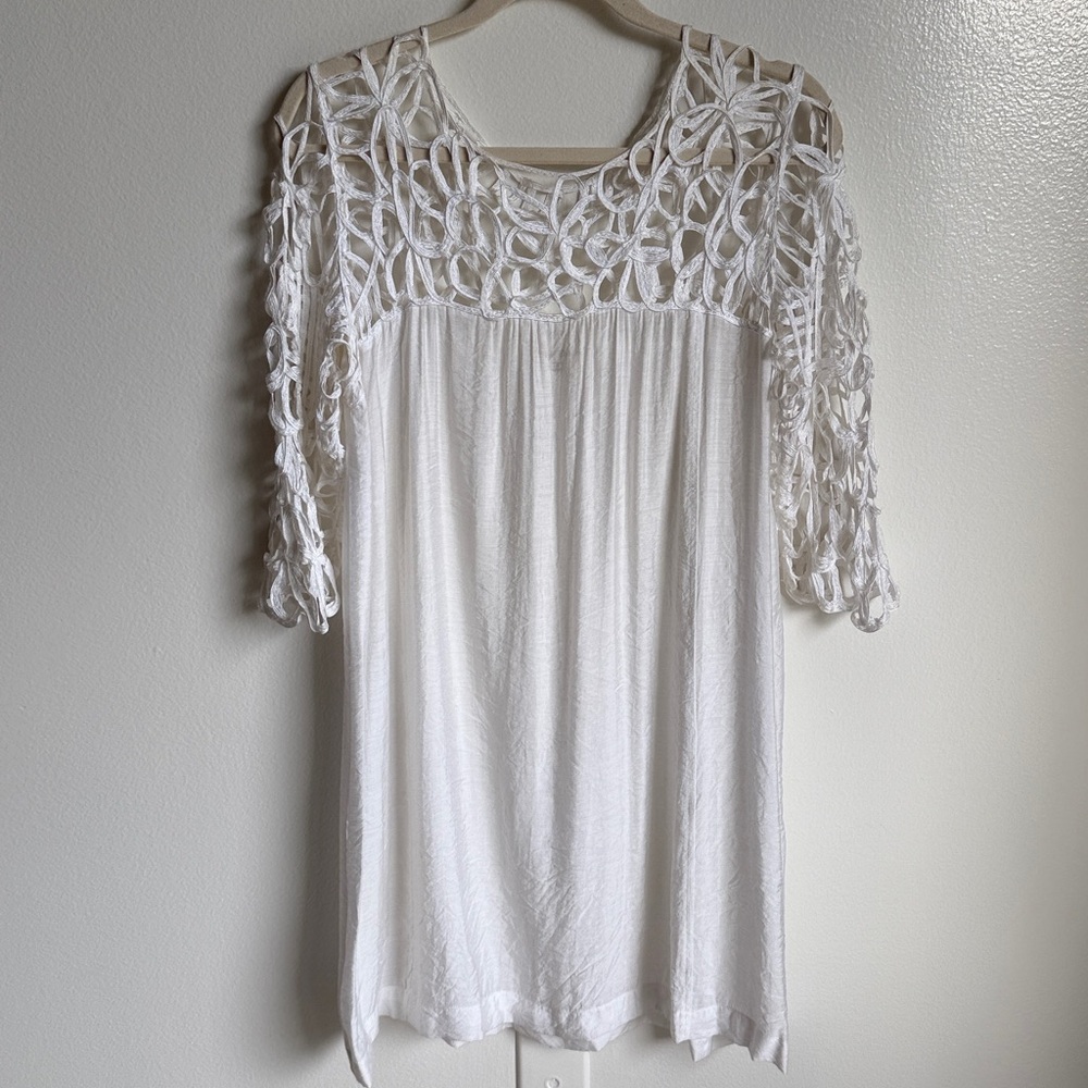 Hot & Delicious Sheer White Lattice Lace Cotton Silk Blend Coverup Dress, Small